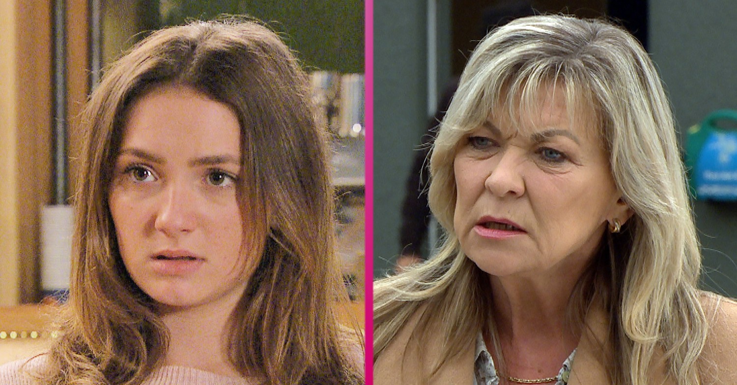 Gabby and Kim in Emmerdale looking worried