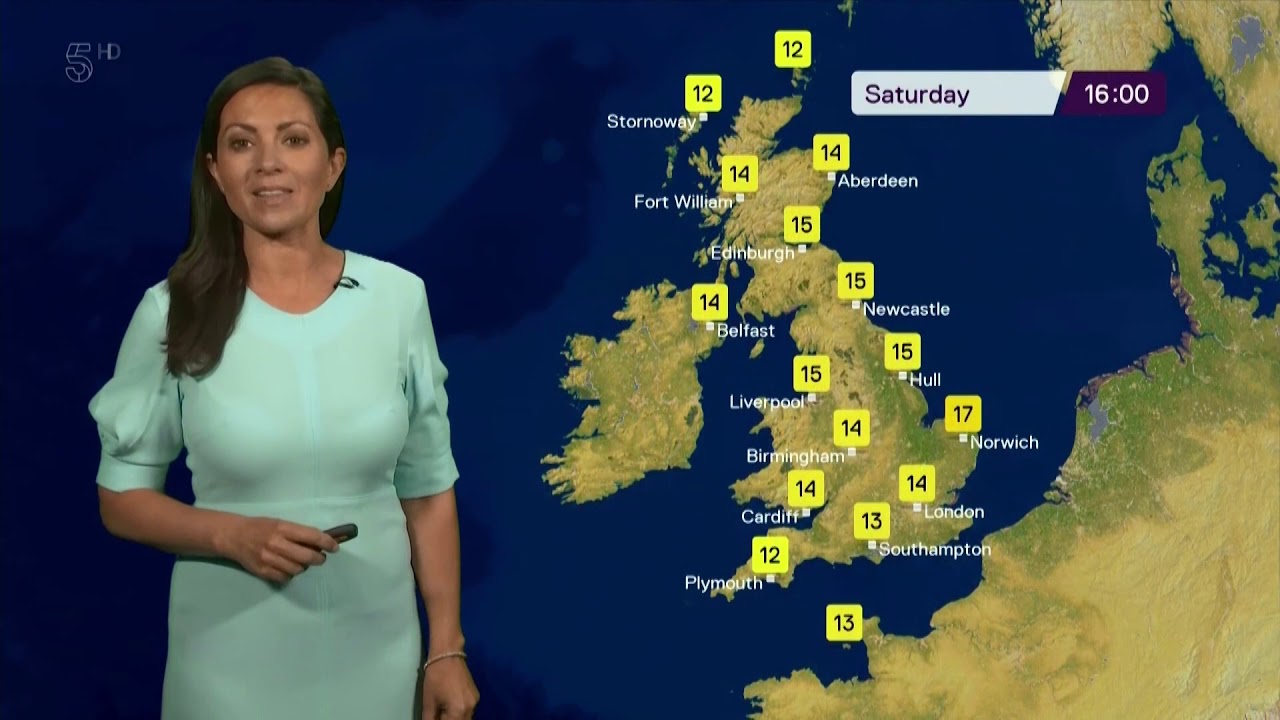 Clare Nasir in blue dress presenting the weather