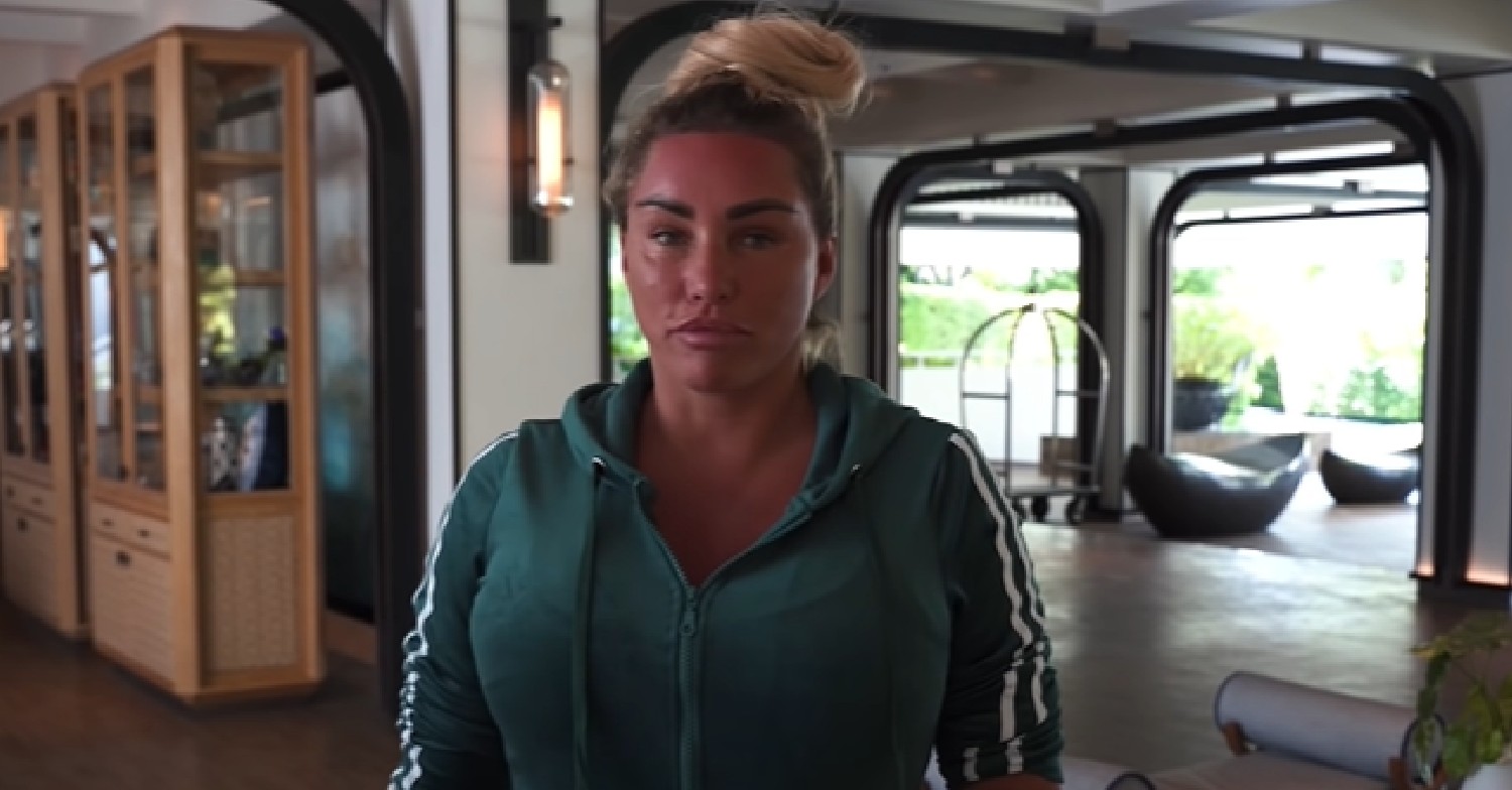 Katie Price in green tracksuit on holiday on YouTube channel