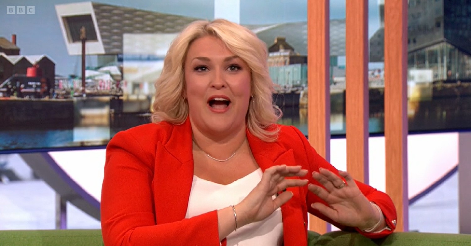 Sara Davies in red blazer on The One Show April 27, 2022