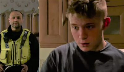 Max getting arrested by a police officer in Coronation Street