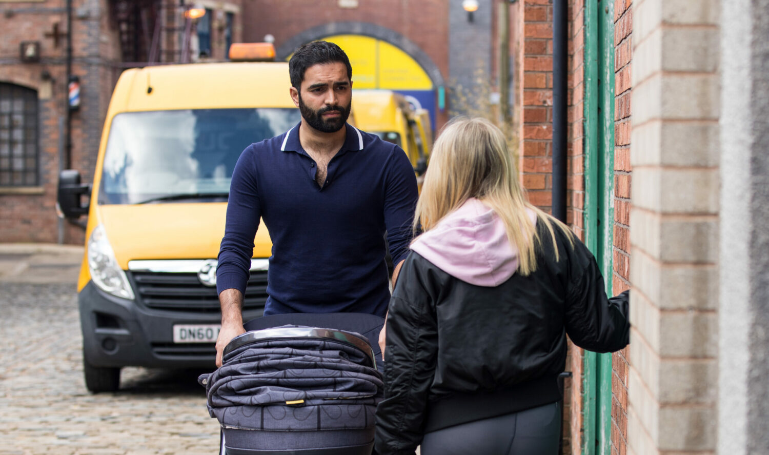Coronation Street Imran pushes the pram as Kelly begs him to do the right thing