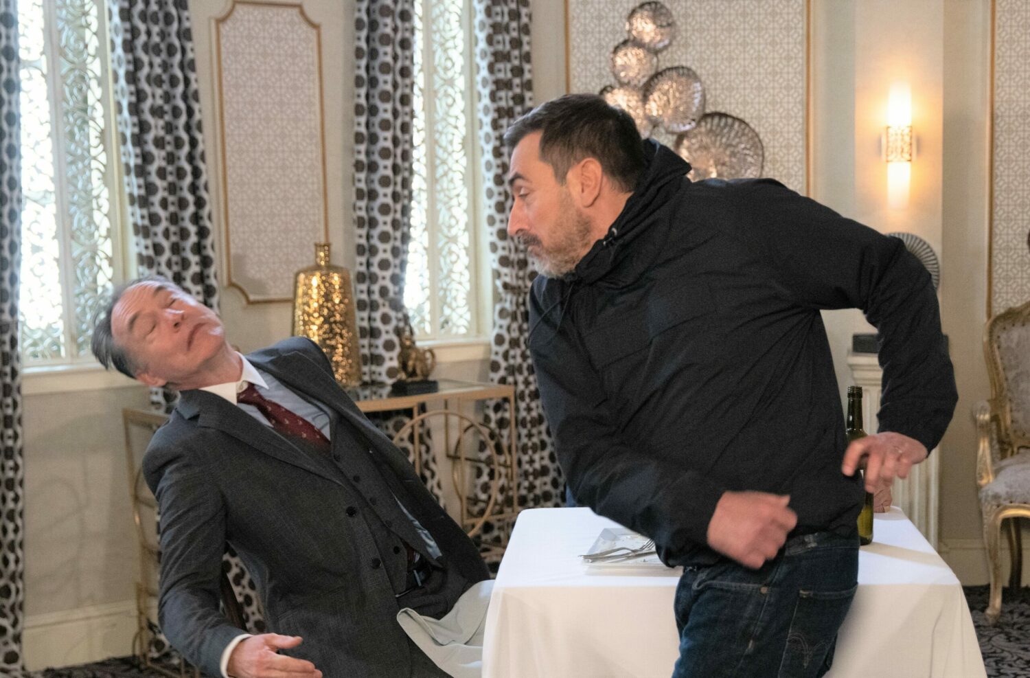 Peter Barlow confronts a smug Mr Thorne in a restaurant he punches him
