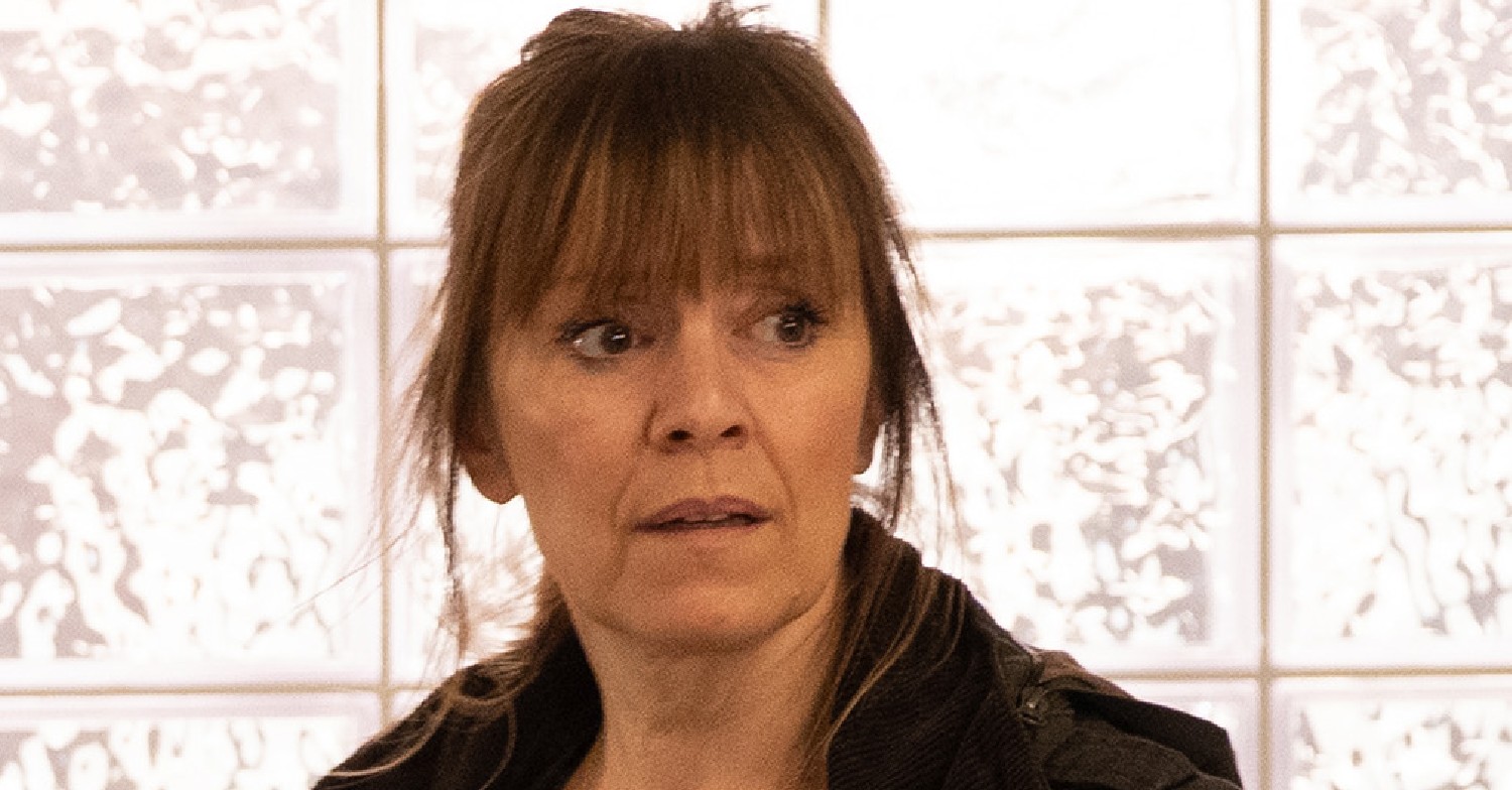 Emmerdale Rhona Goskirk looks terrified 