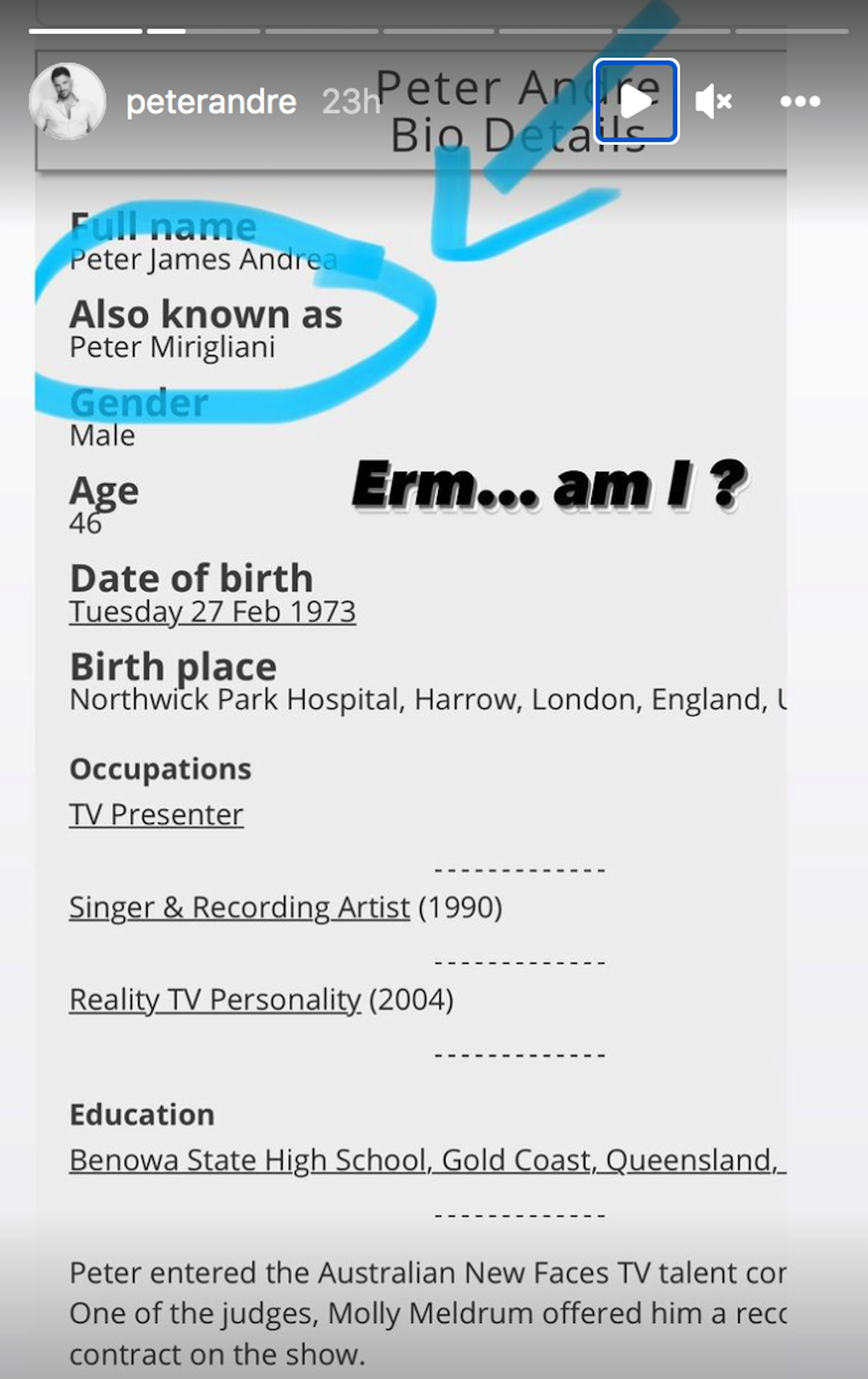 Peter Andre's screenshot of new biography 