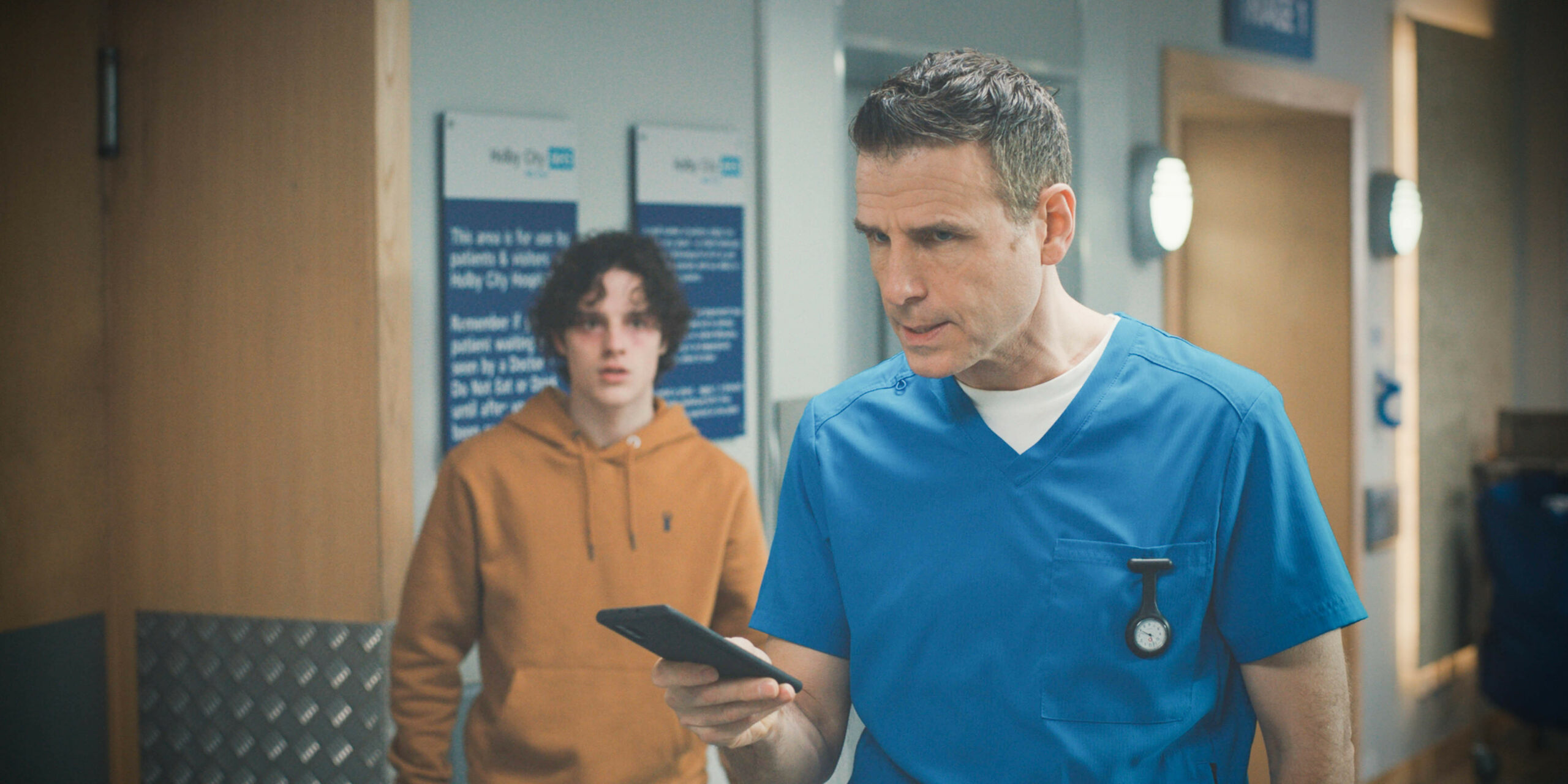 David and Ollie Hide looking annoyed on Casualty