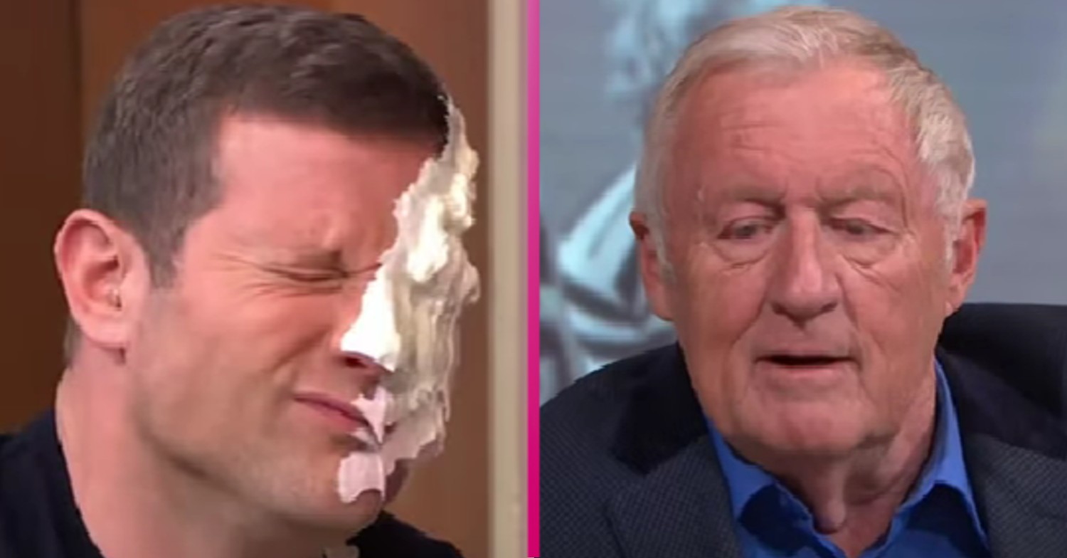 Dermot O'Leary with pie on his face and Chris Tarrant This Morning