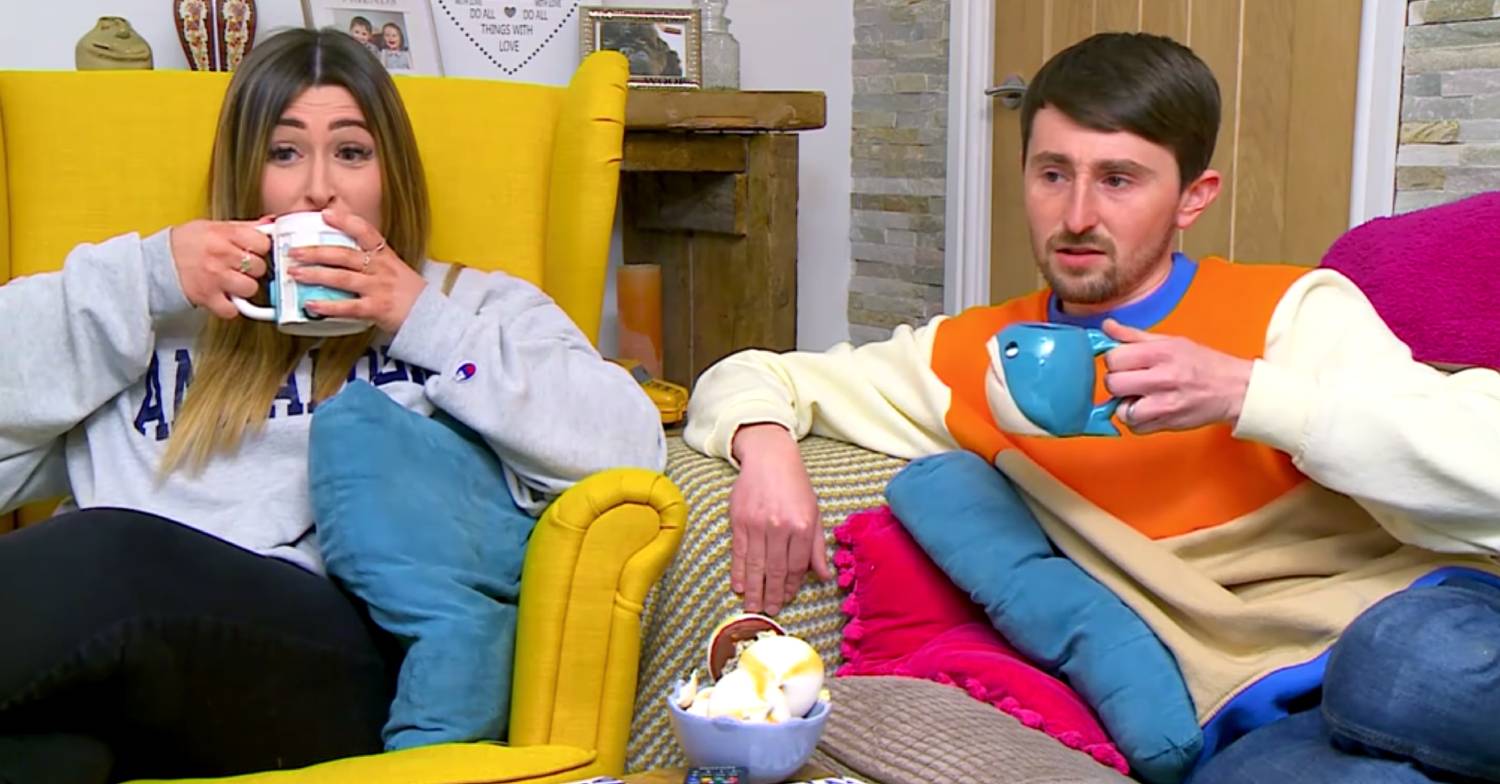 Sophie Sandiford and Pete Sandford both sip their tea as they discuss her boyfriend on Gogglebox