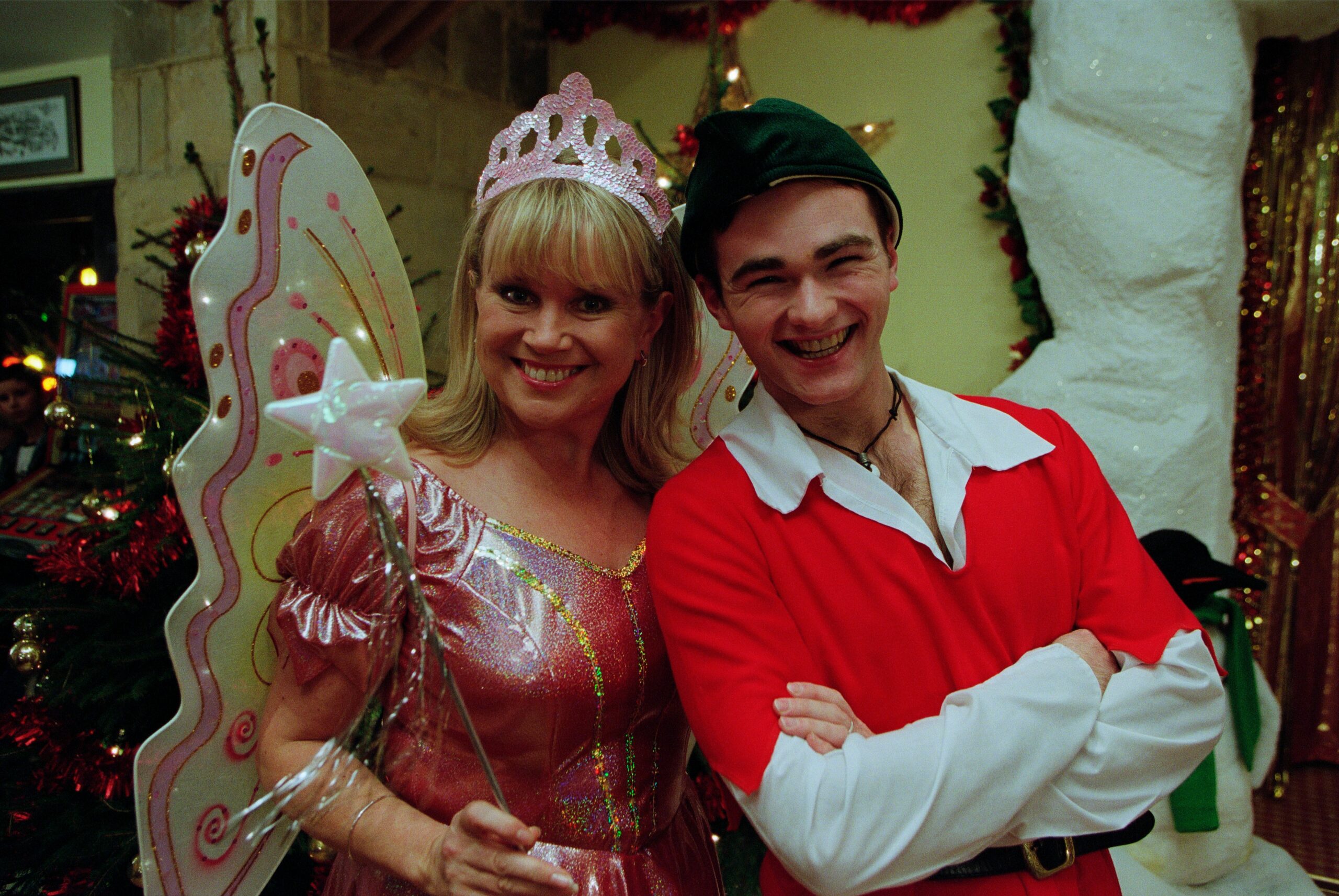 Maggie and Craig Calder - the Soapstars family - in Emmerdale dressed up for a Christmas panto