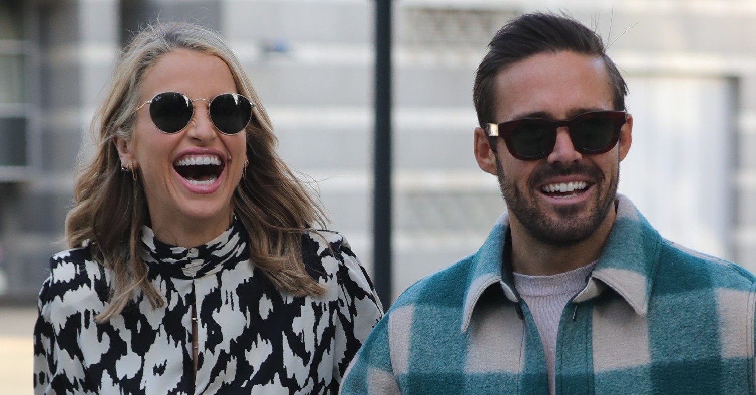 Vogue Williams and Spencer Matthews smile with sunglasses on