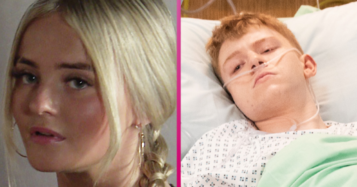 Coronation Street Kelly looking nervous and Max in hospital