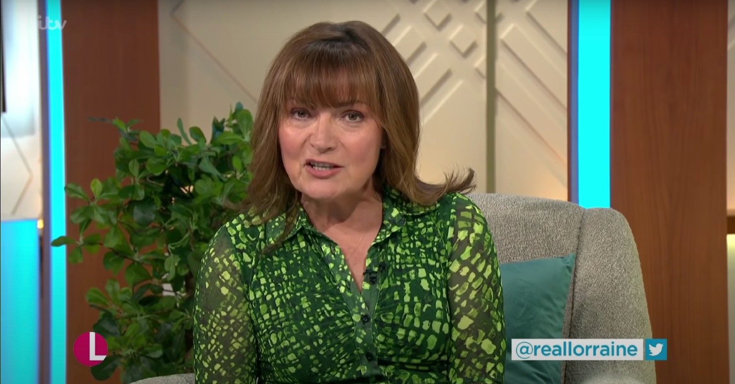 Lorraine Kelly in green patterned blouse on her show