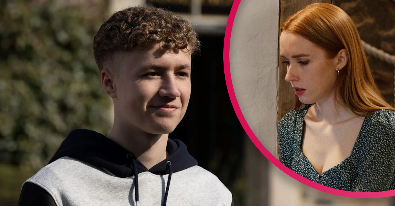 Noah smiling and Chloe looking shocked in emmerdale