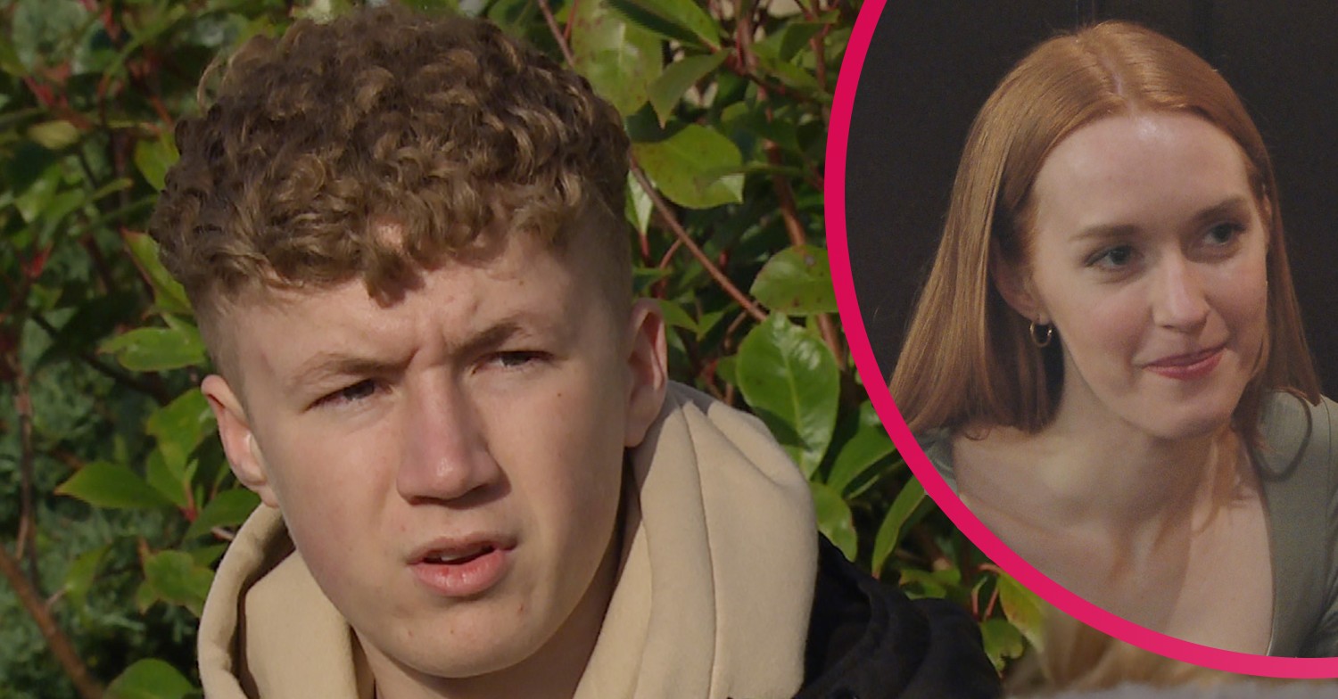 Noah looking annoyed Chloe smiling Emmerdale