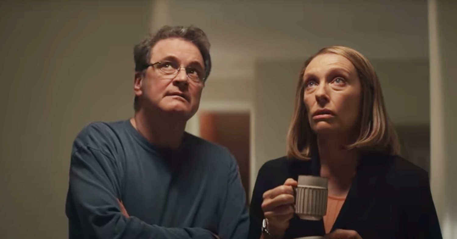 Colin Firth and Toni Collette frowning on The Staircase