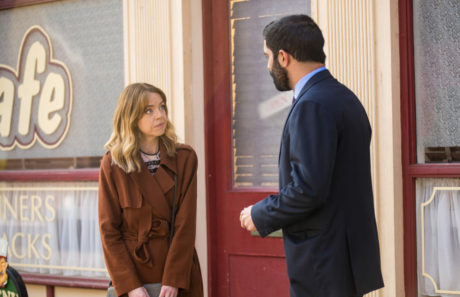 Coronation Street Toyah looks nervous as she talks to Imran