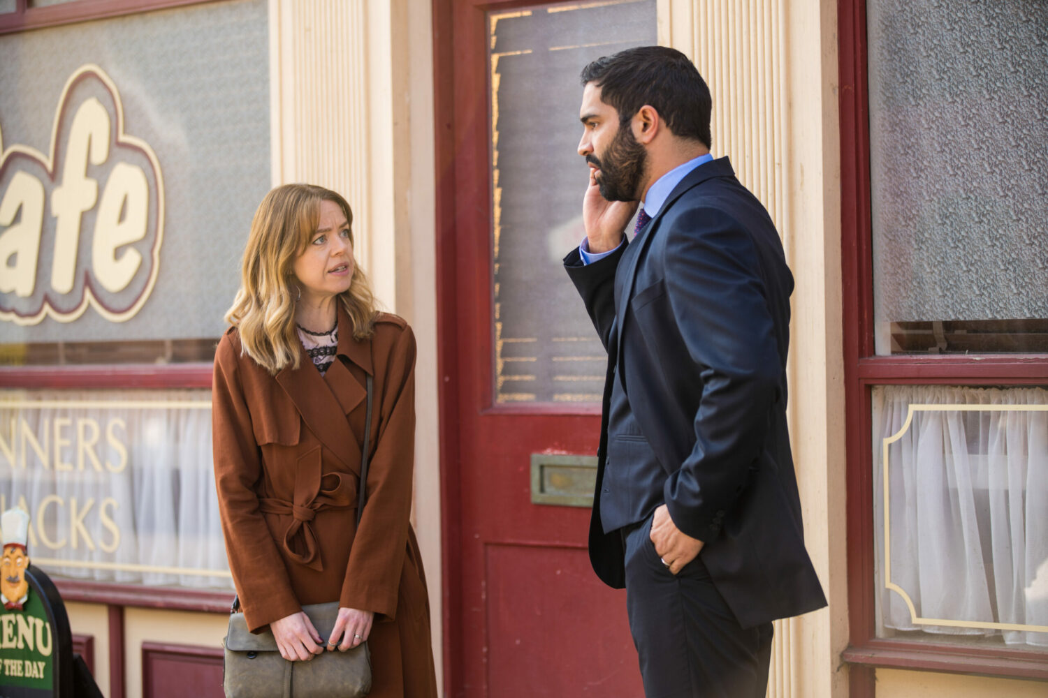 Coronation Street Toyah looks nervous as she talks to Imran