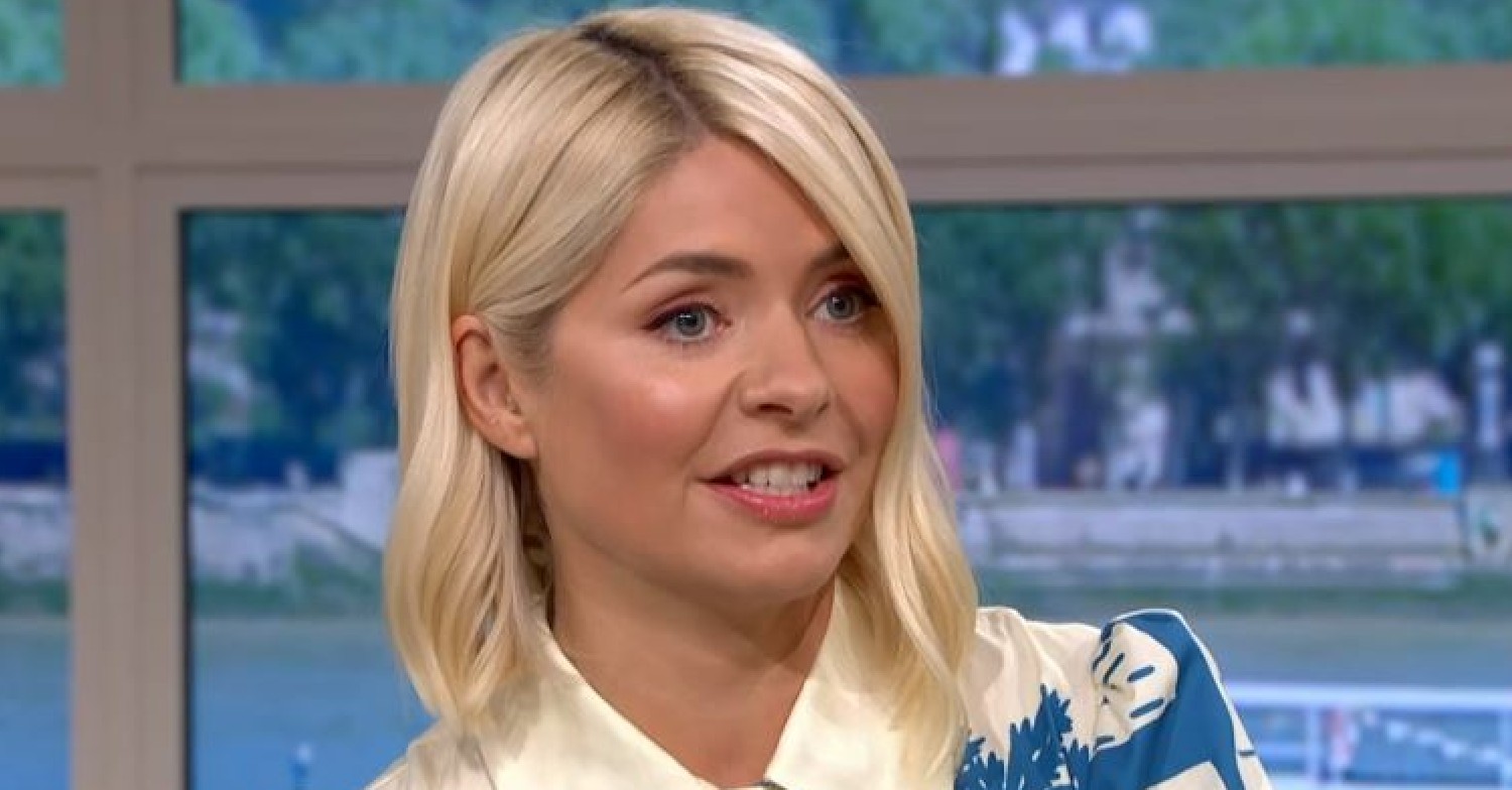 Holly Willoughby wearing blue and cream dress on This Morning today May 5, 2022