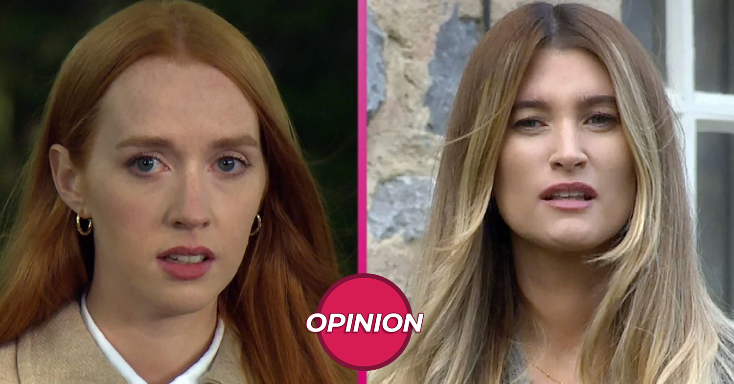 Two Emmerdale stars looking dramatic