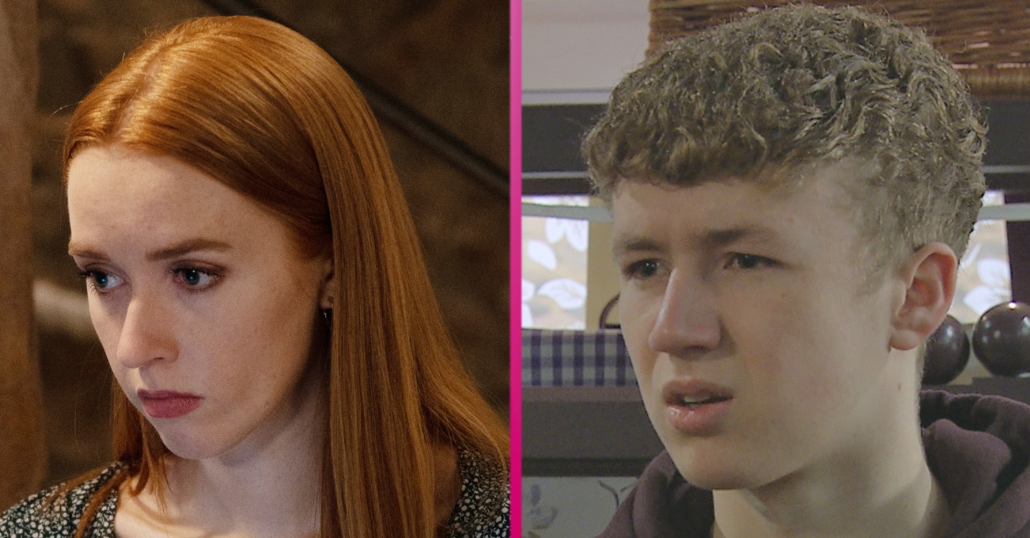 Chloe looking shocked and Noah looking annoyed in Emmerdale