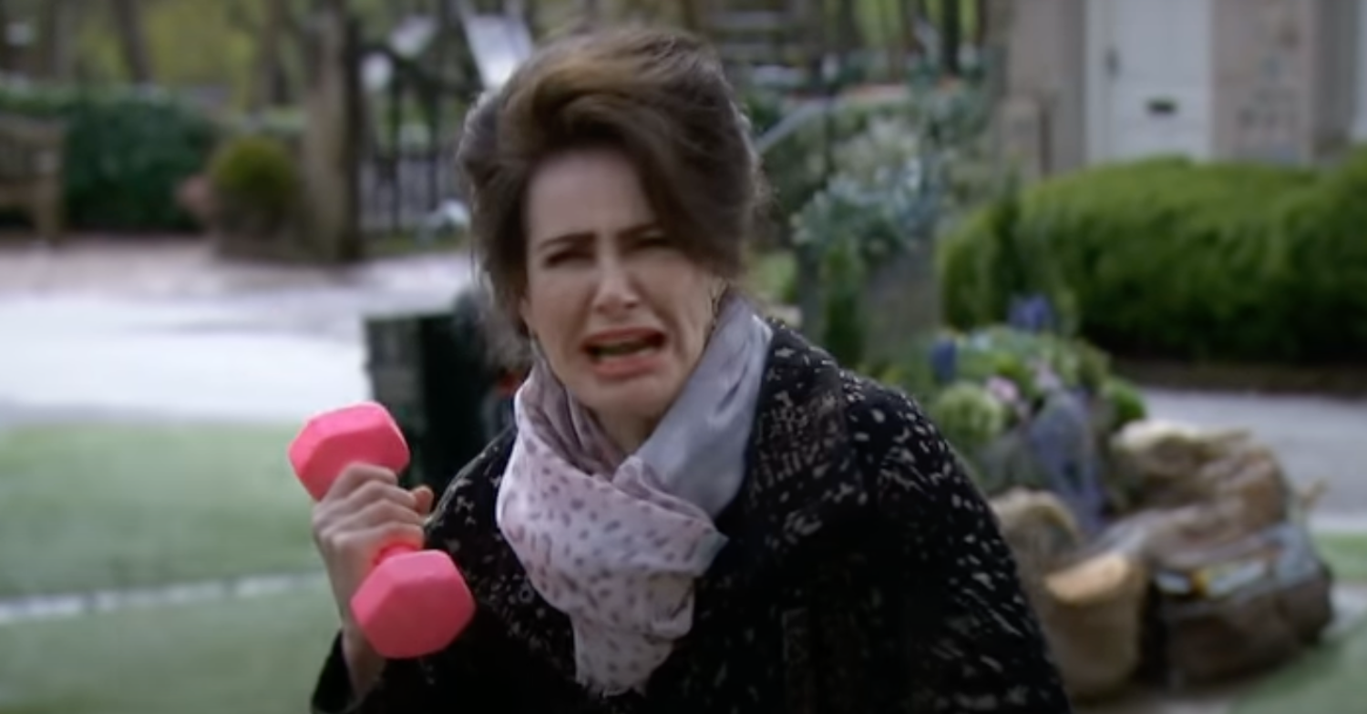 Emmerdale Faith throwing dumbbell