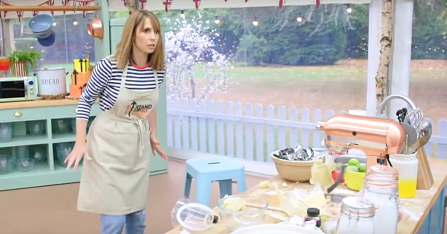 Alex Jones excapes the exploding mixer in Celeb Bake Off