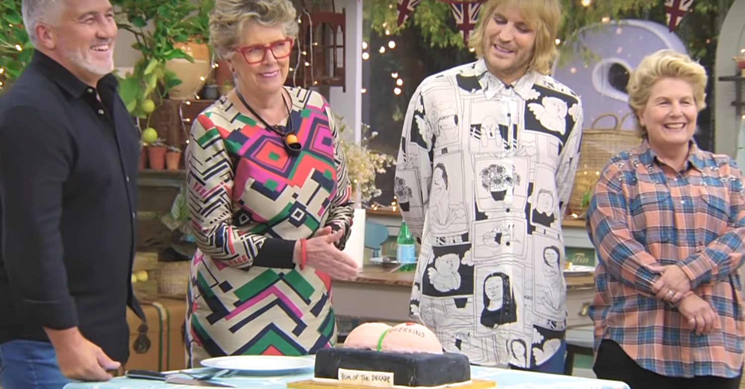 Joe Wilkinson's cheeky cake gets a laugh from the Celeb Bake Off judges