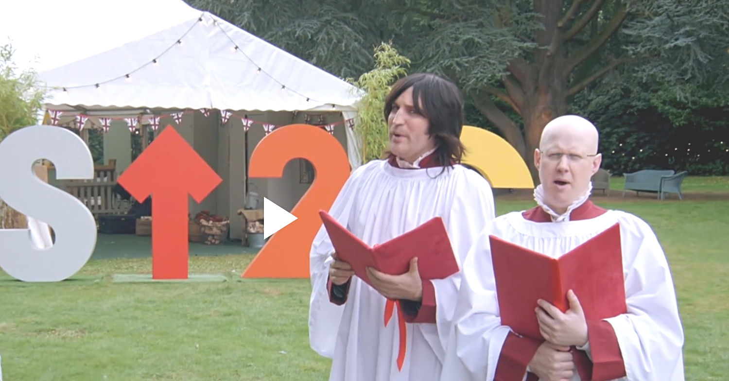 Celeb Bake Off presenter Noel Fielding and Matt Lucas in front of the tent