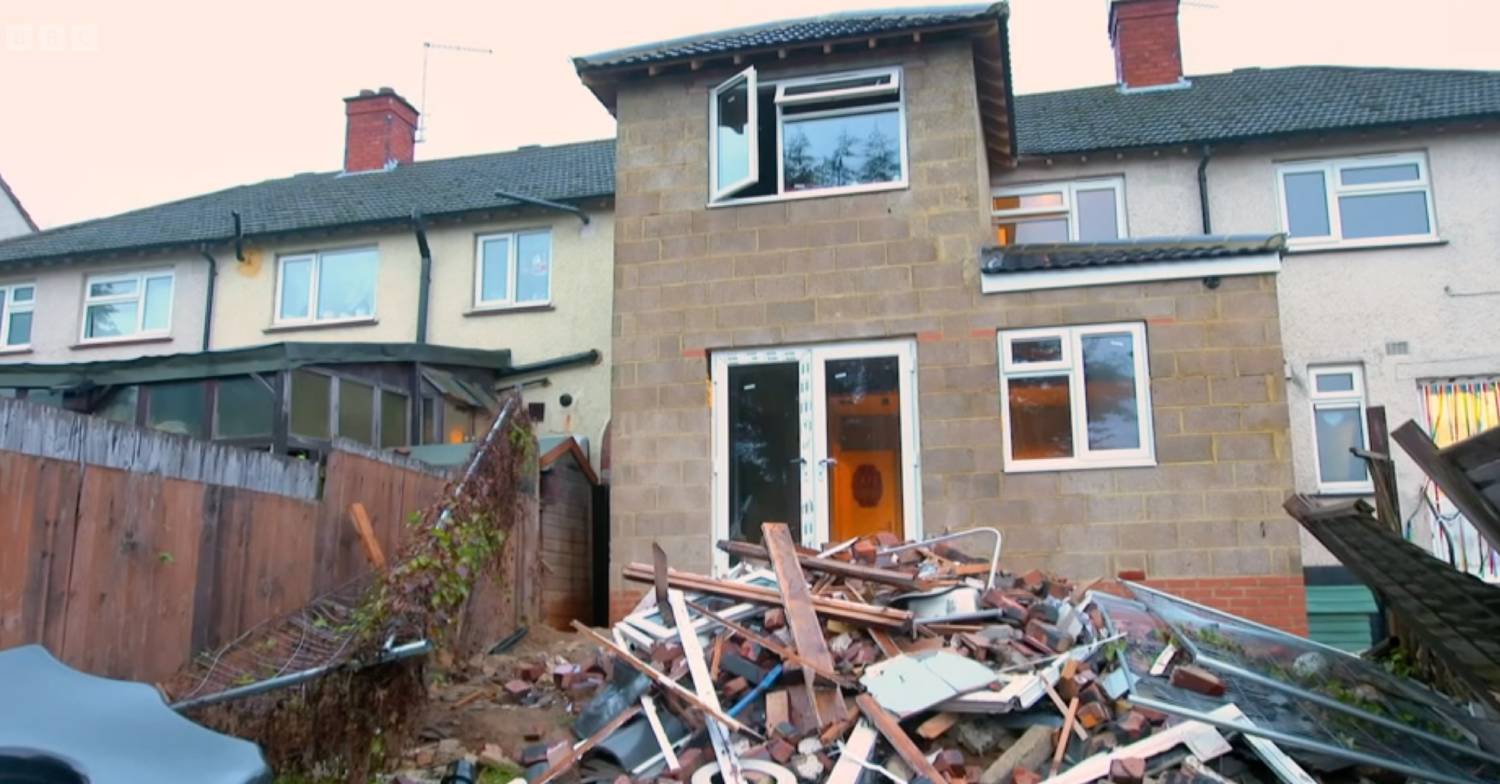 The family home on DIY SOS in ruins wit rubble everywhere