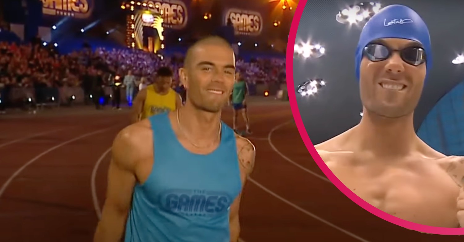 Max George smiling on a running track, Max topless with goggles and a swimming cap on during The Games