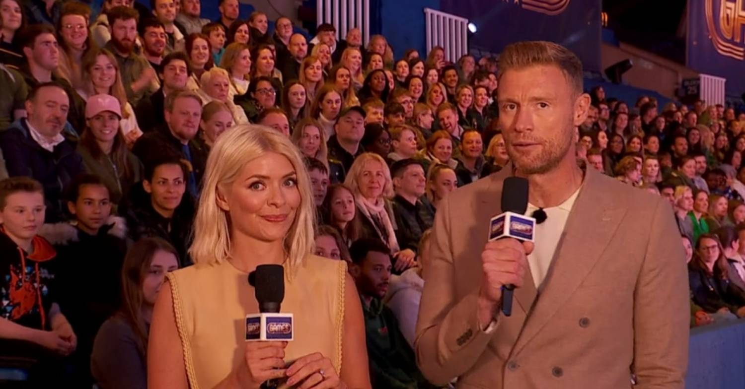 Holly Willoughby and Freddie Flintoff holding mics on The Games 