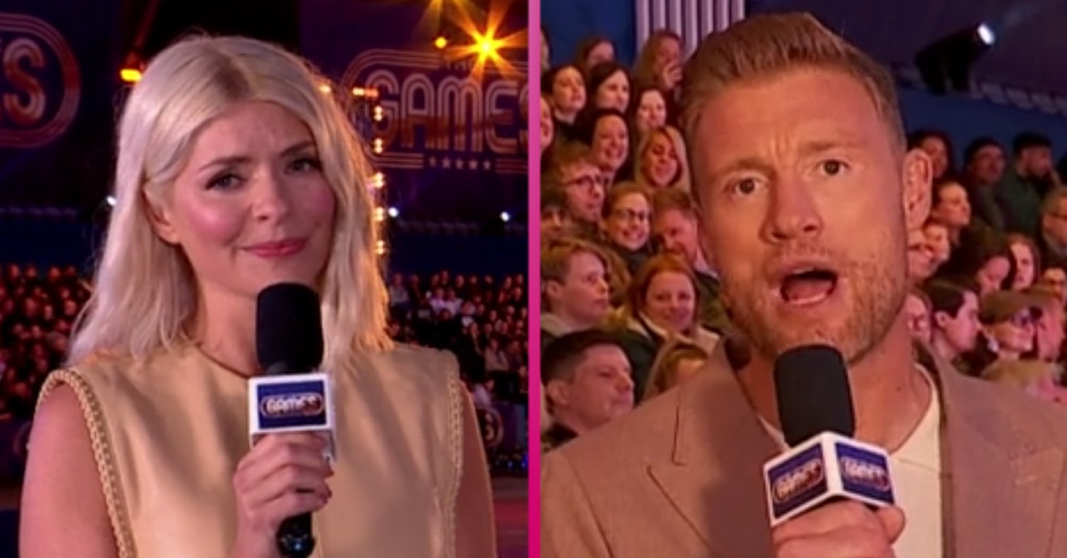 Holly Willoughby sand Freddie holding microphones on the games