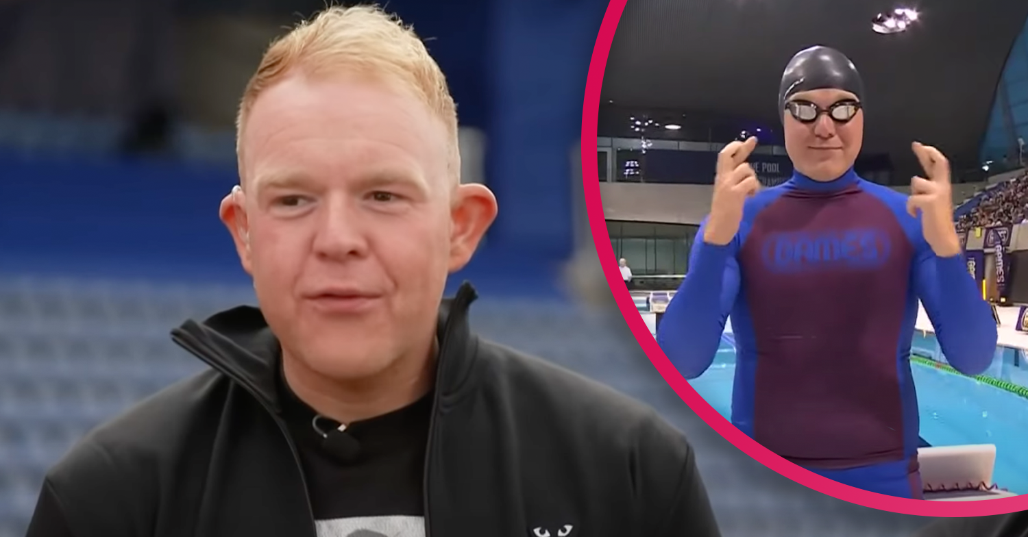 Colson Smith chatting and in a swimming hat