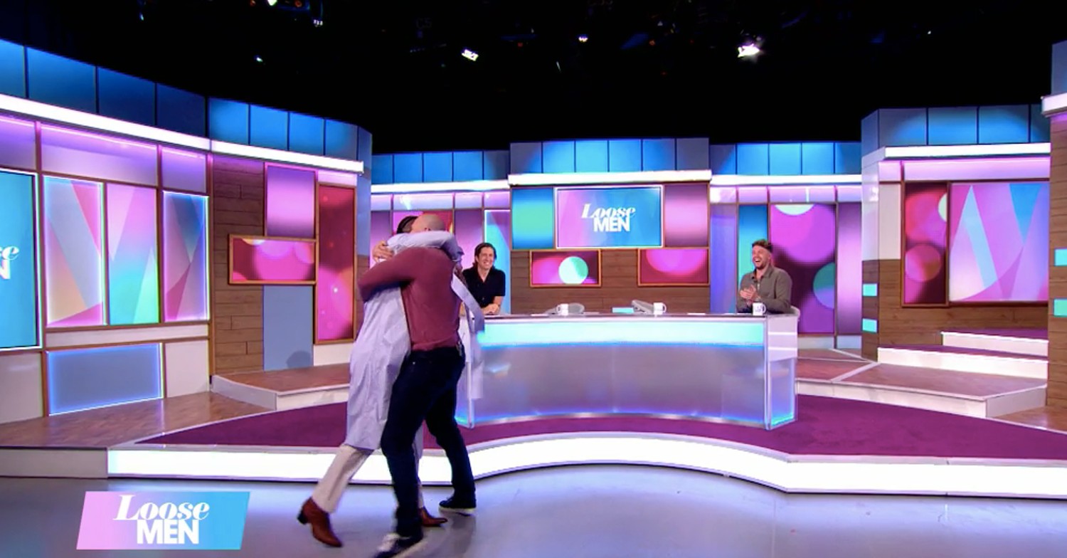 Mike Tindall and Johannes Radebe hugging on Loose Men on ITV