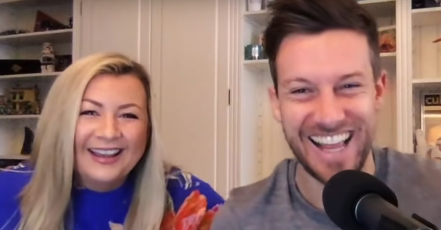 Rosie and Chris Ramsey laughing during a podcast