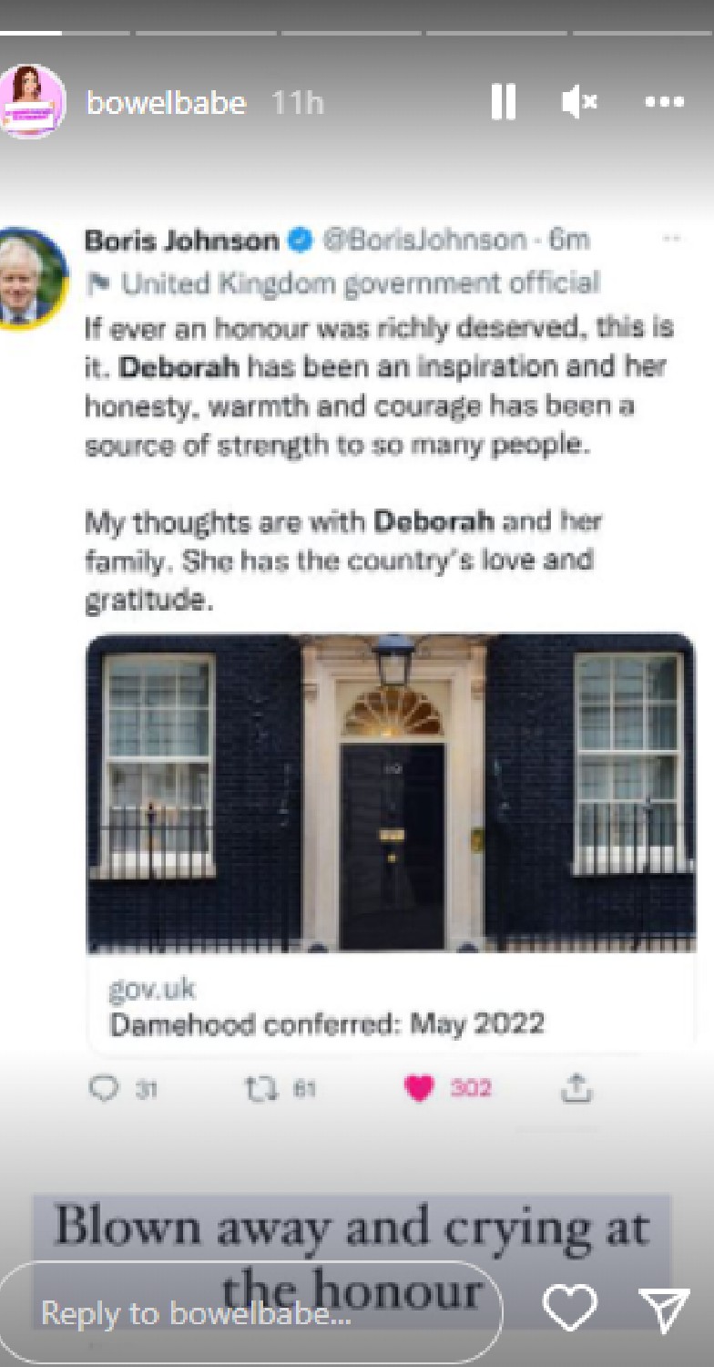 Deborah James shares Dame news on Instagram Stories