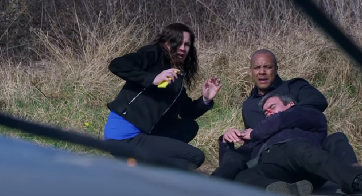 Emmerdale Chas Al and Cain collapse as the car explodes