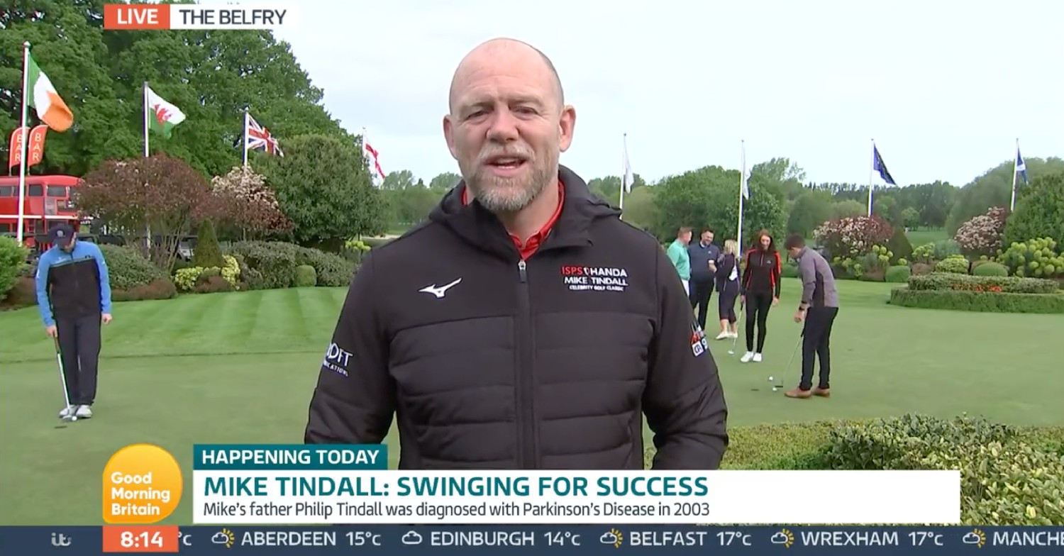 Mike Tindall on a golf course, being interviewed on GMB today