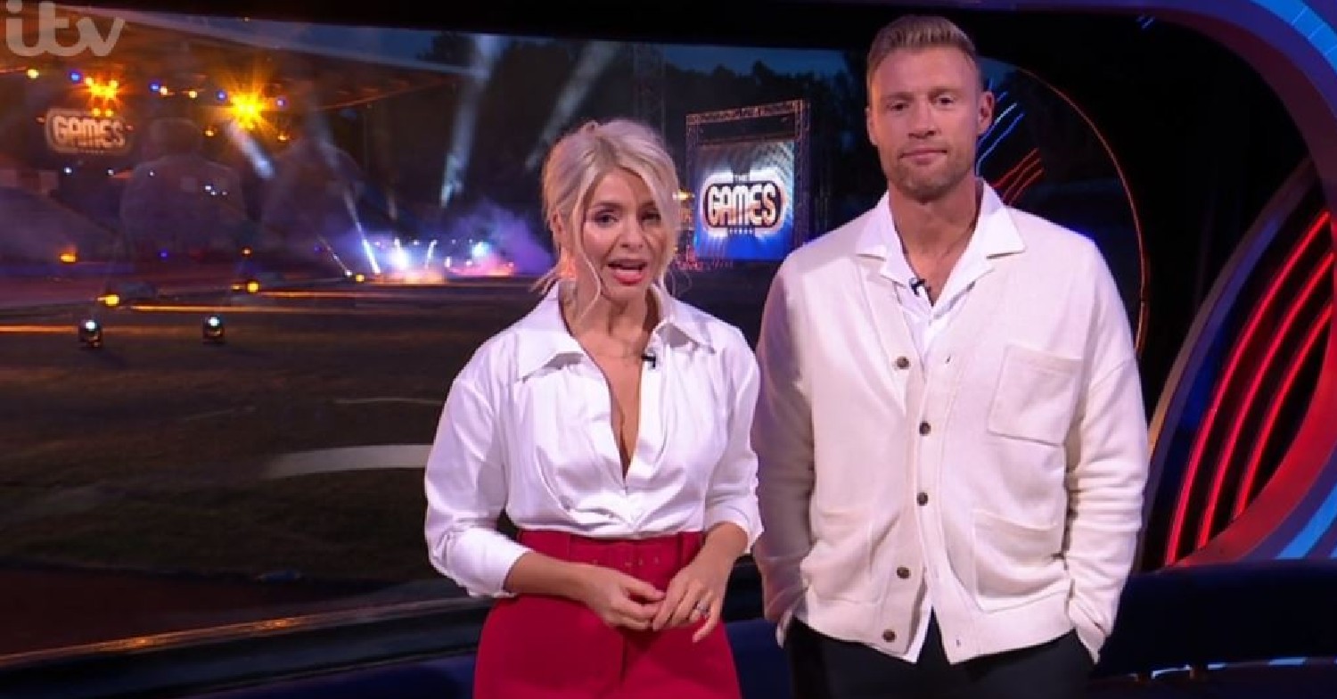 Holly Willoughby in white shirt and red trousers on The Games with Freddie Flintoff May 12, 2022