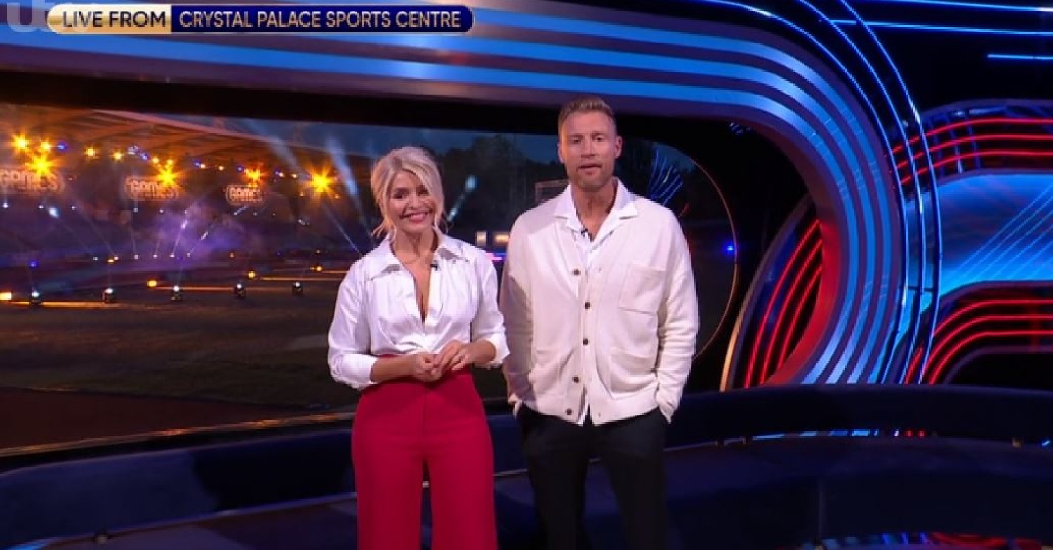 Holly Willoughby in white shirt and red trousers on The Games with Freddie Flintoff May 12, 2022
