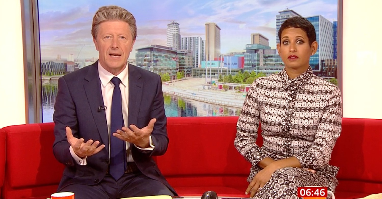 Charlie Stayt and Naga Munchetty talking to camera on BBC Breakfast 