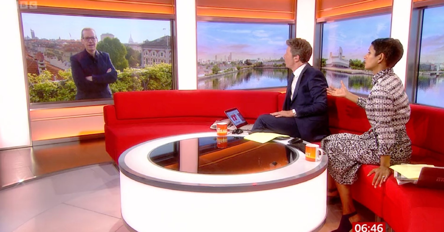 Charlie Stayt and Naga Munchetty speaking to David Silito via video-link on BBC Breakfast today