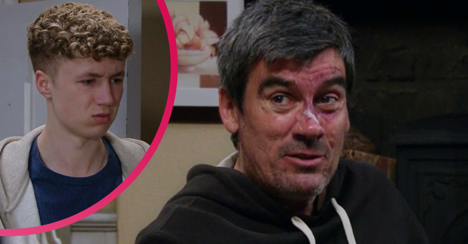 Cain Dingle looking tense during a discussion with Noah on Emmerdale