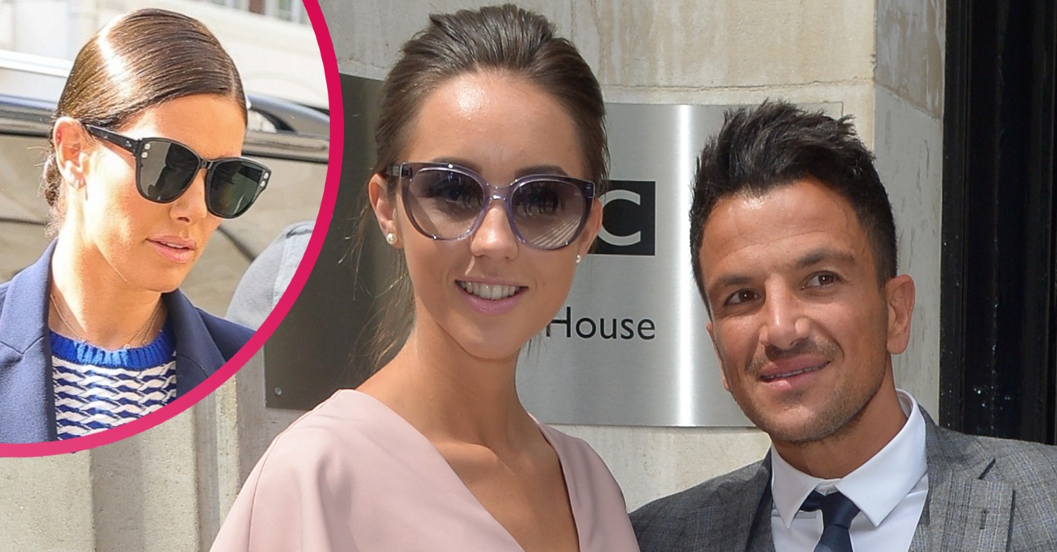 Peter Andre and wife Emily smiling alongside a serious photo of Rebekah Vardy