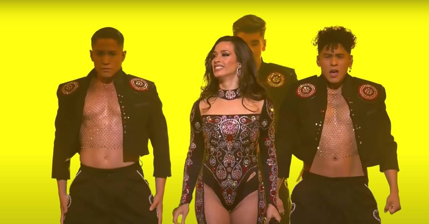 Eurovision 2022 act from Spain, Chanel, takes the applause, after being mentioned by Graham Norton