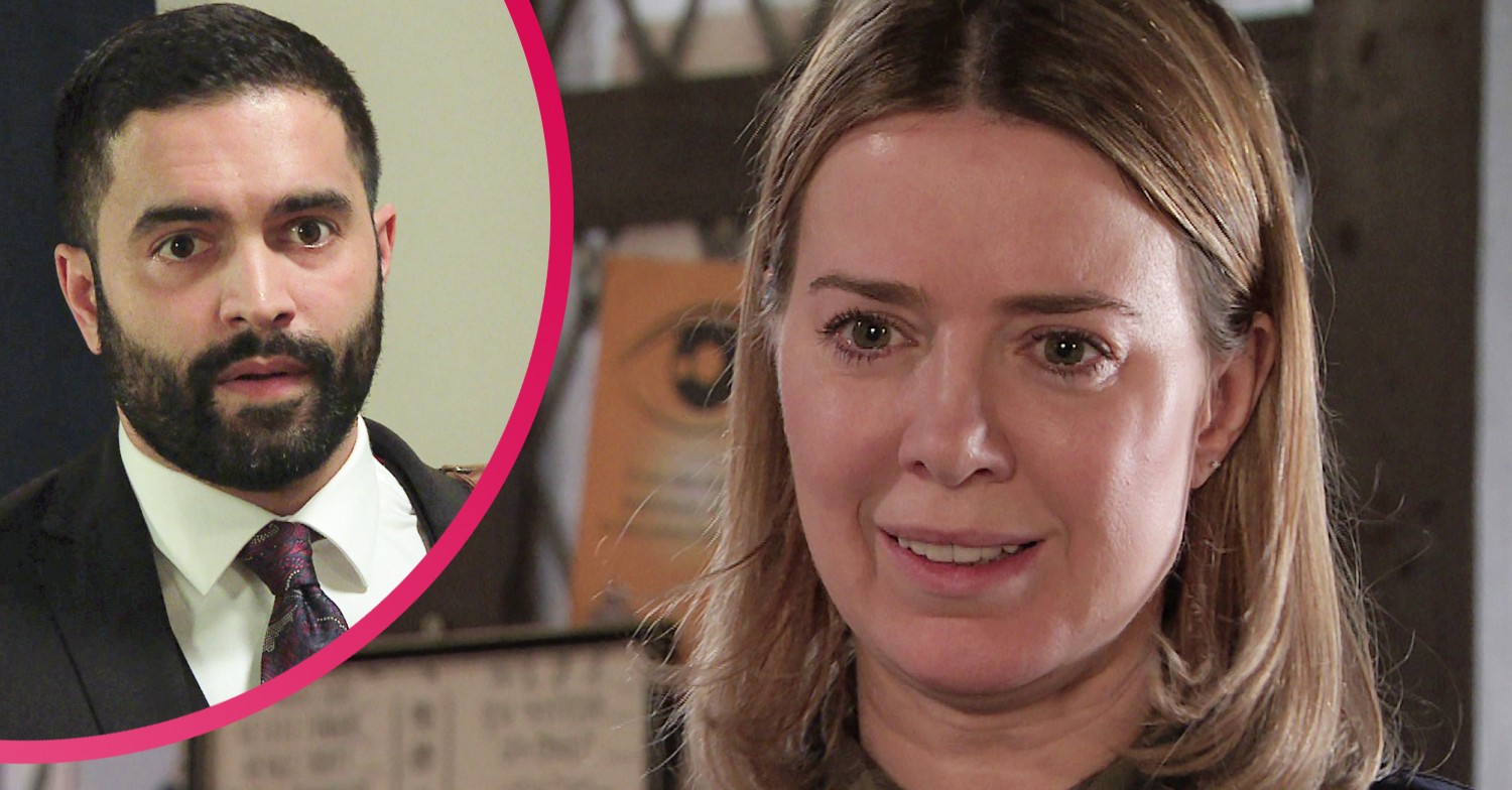 Imran looking worried Abi on the verge of tears in Coronation Street