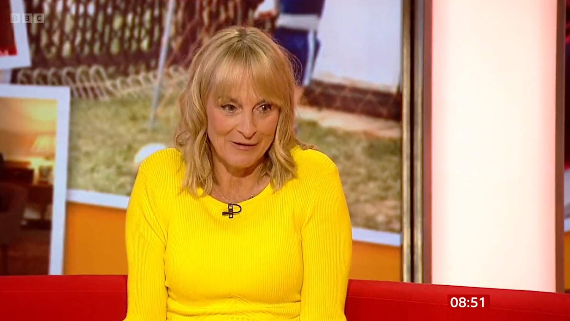 Louise Minchin in yellow dress on BBC Breakfast