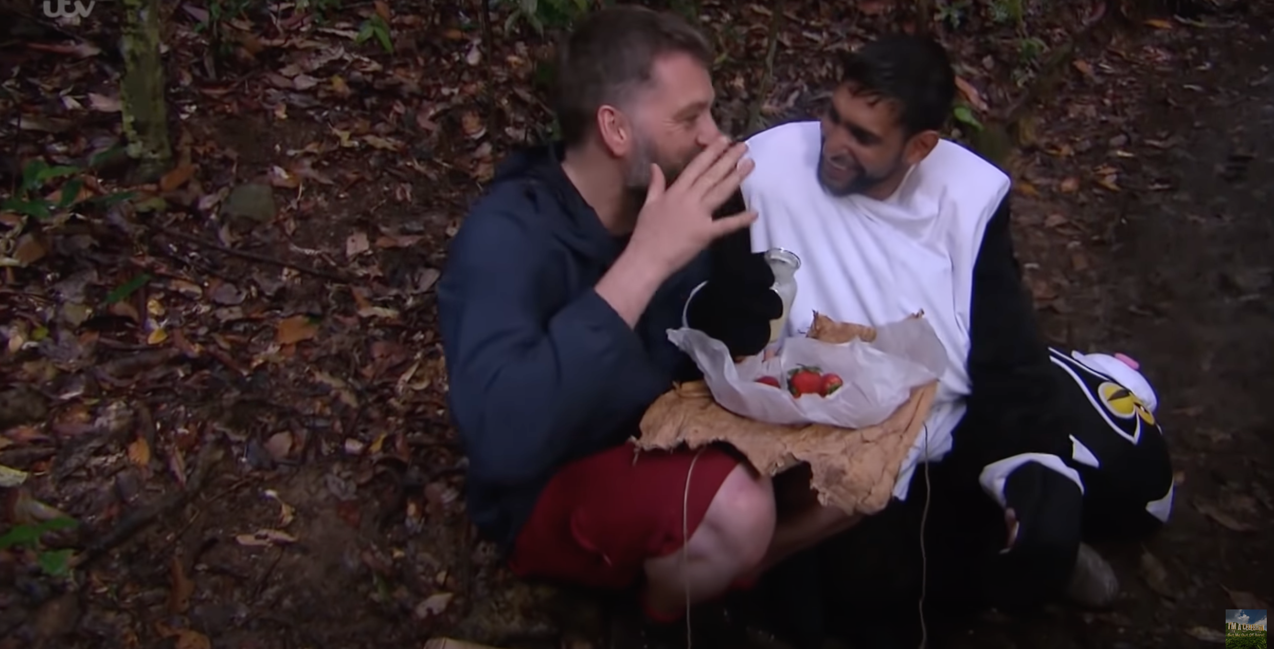Amir and Iain eating strawberries on I'm A Celeb