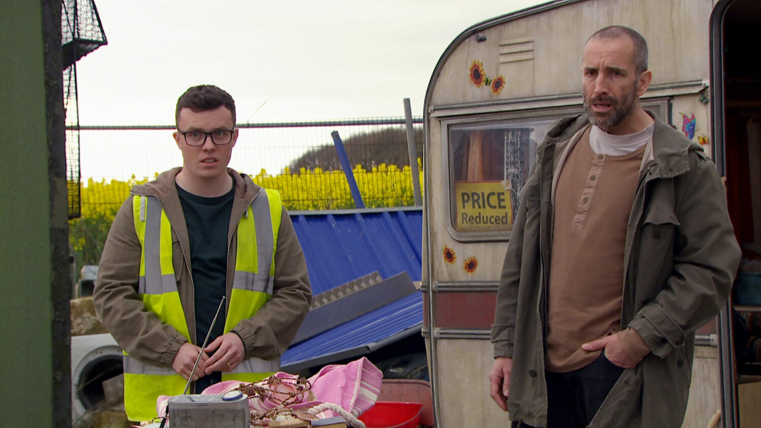 Vinny and Sam look concerned in Emmerdale