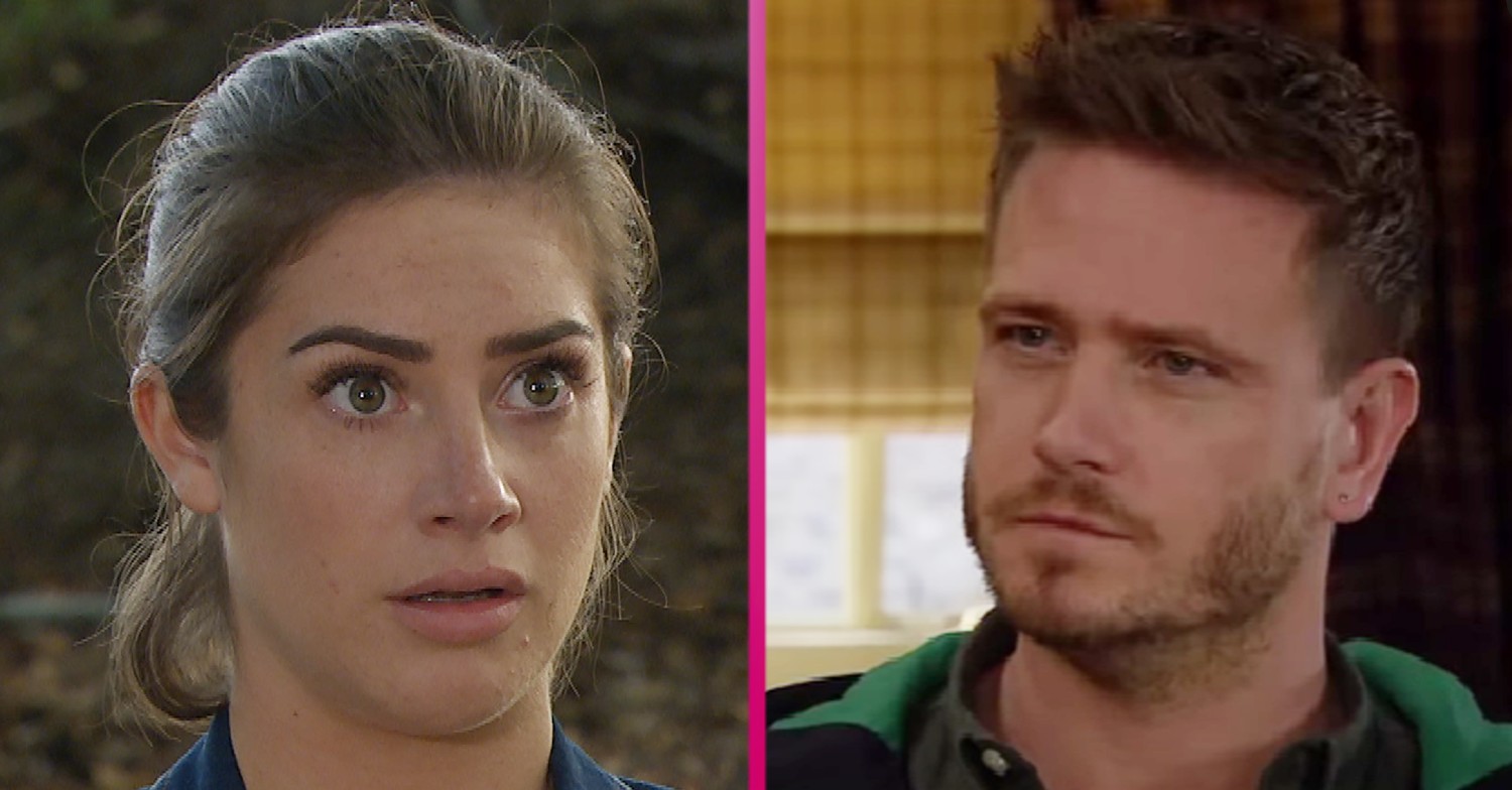 Victoria and David looking shocked and worried in Emmerdale